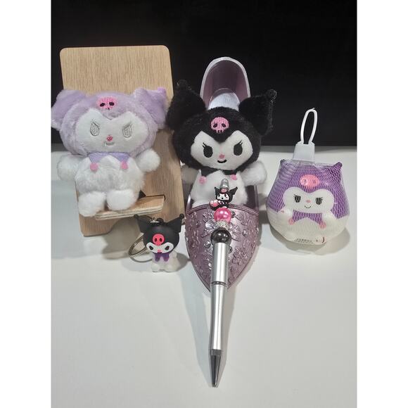 Kuromi Sanrio 5 Piece Bundle-1 Pen, 2 Plush Charms, 1 Stress Ball, 1 Key Chain - Picture 1 of 6